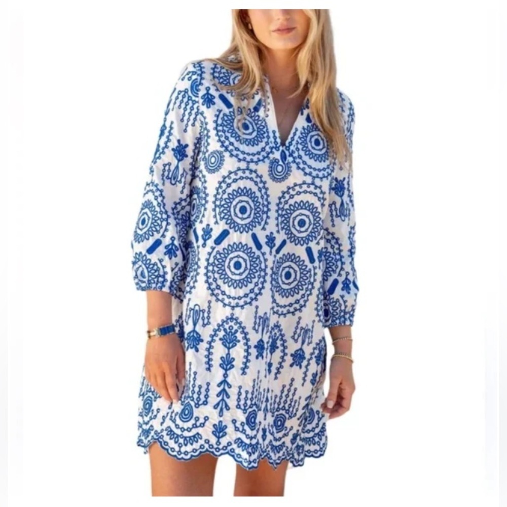 Mersea Edie Embroidered Tunic Dress Blue/White Embroidered Midi Dress 🆕